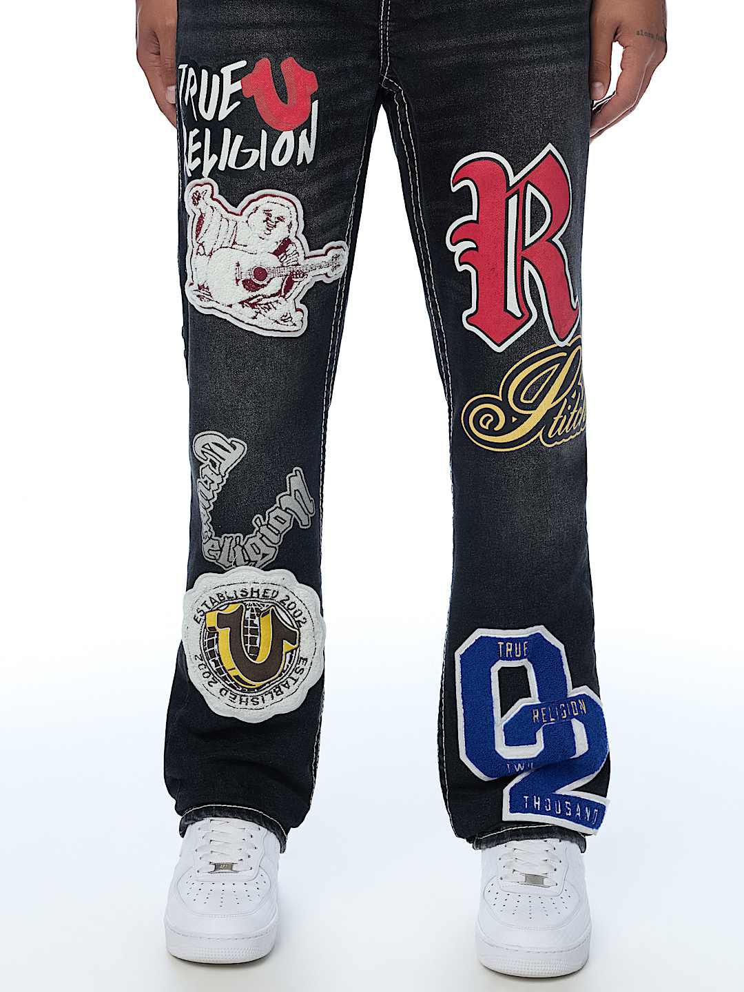 True Religion Men Black Embroidered Ricky BIG T Straight Fit Jeans