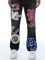 True Religion Men Black Embroidered Ricky BIG T Straight Fit Jeans