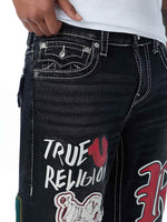 True Religion Men Black Embroidered Ricky BIG T Straight Fit Jeans