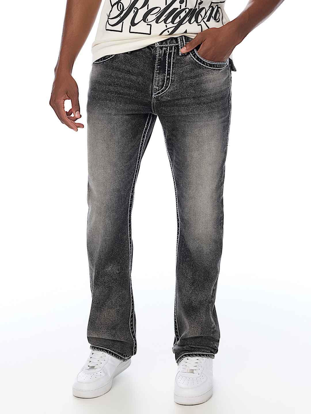 True Religion Men Grey Solid Ricky Ropestitch Straight Fit Jeans