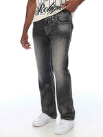 True Religion Men Grey Solid Ricky Ropestitch Straight Fit Jeans