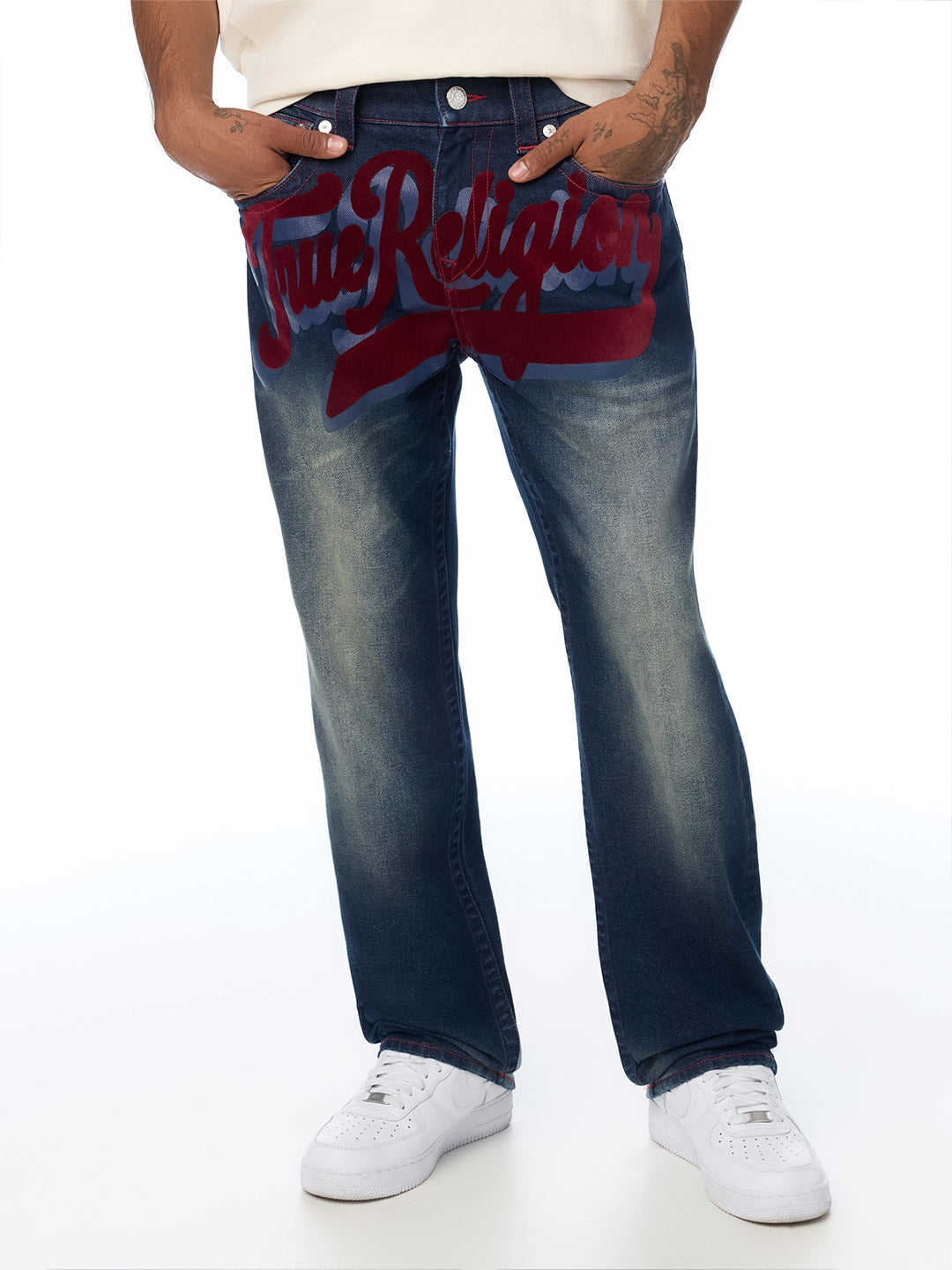 True Religion Men Navy Blue Ricky SN Graphic Straight Fit Jeans