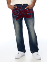 True Religion Men Navy Blue Ricky SN Graphic Straight Fit Jeans