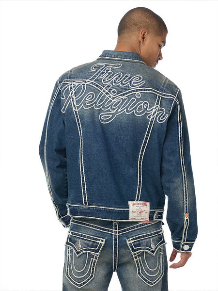 True Religion Men Blue Oversized Ropestitch Denim Jacket