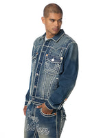 True Religion Men Blue Oversized Ropestitch Denim Jacket