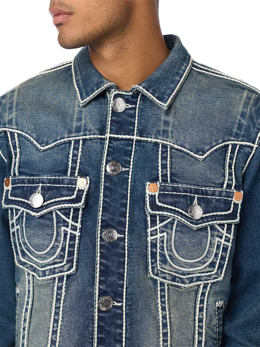 True Religion Men Blue Oversized Ropestitch Denim Jacket