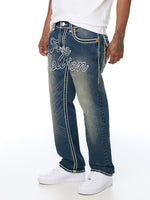 True Religion Men Blue Ricky Ropestitch Embroidered Straight Fit Jeans