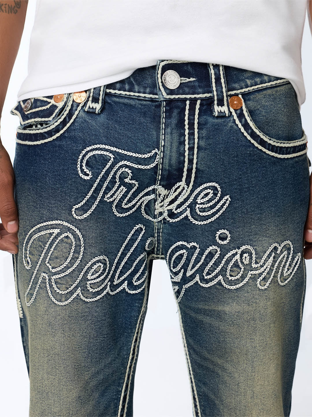 True Religion Men Blue Ricky Ropestitch Embroidered Straight Fit Jeans