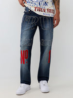 True Religion Men Blue Embroidered Ricky BIG T Straight Fit Jeans