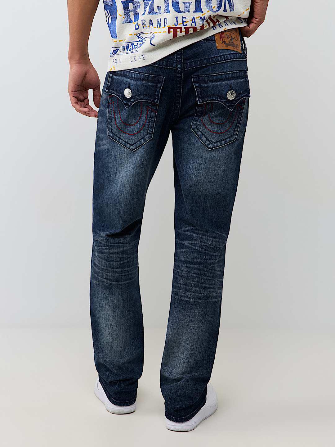 True Religion Men Blue Embroidered Ricky BIG T Straight Fit Jeans