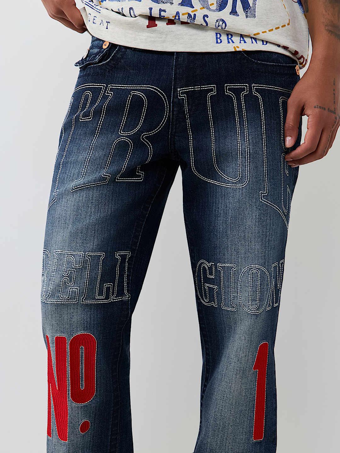 True Religion Men Blue Embroidered Ricky BIG T Straight Fit Jeans