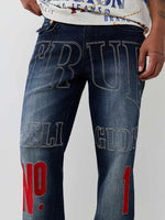 True Religion Men Blue Embroidered Ricky BIG T Straight Fit Jeans