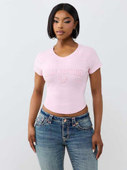 True Religion Women Pink Embroidered Regular Fit T-Shirt