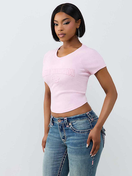 True Religion Women Pink Embroidered Regular Fit T-Shirt