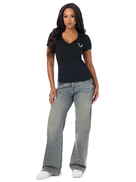 True Religion Women Black Embellished Regular Fit T-Shirt
