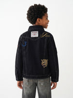 True Religion Boys Black Graphic Regular Fit Cotton Denim Jacket
