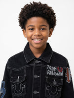 True Religion Boys Black Graphic Regular Fit Cotton Denim Jacket