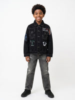 True Religion Boys Black Graphic Regular Fit Cotton Denim Jacket
