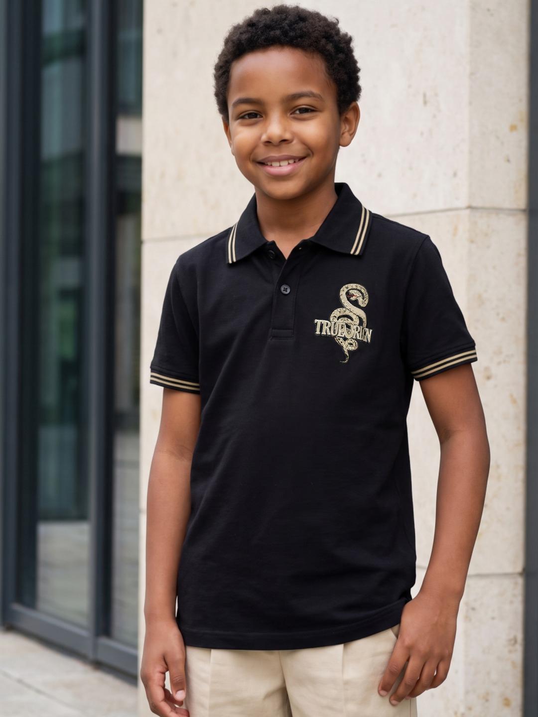 Boys regular fit black solid pure cotton polo tshirt