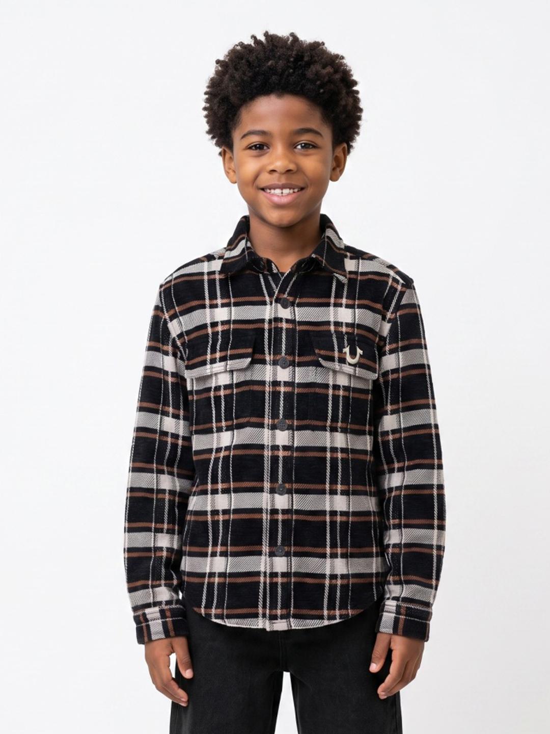 True Religion Boys Black Checked Regular Fit Cotton Shirt