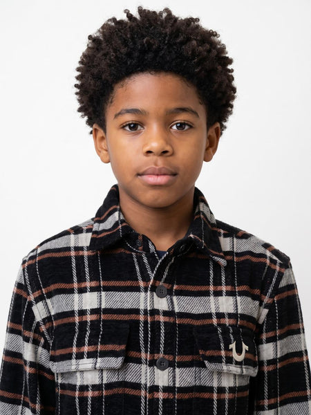 True Religion Boys Black Checked Regular Fit Cotton Shirt