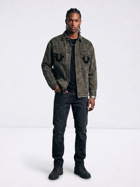 True Religion Men Olive Solid Regular Fit Cotton Denim Jacket