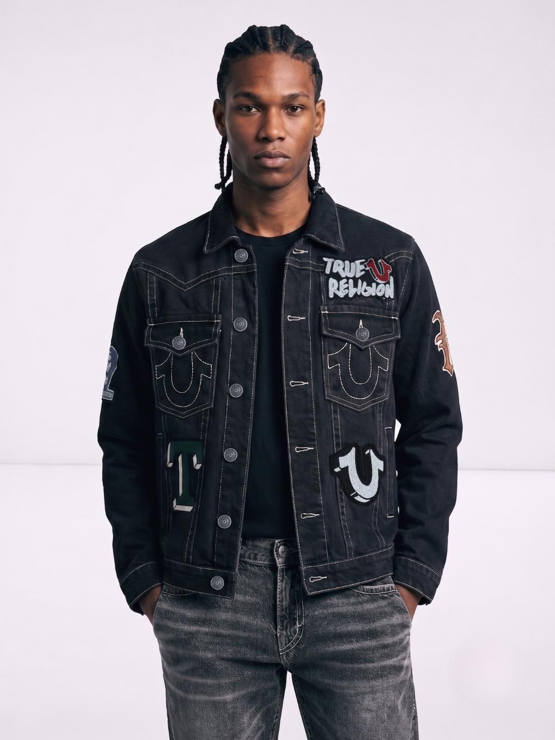 True Religion Men Black Embroidered Patch Detaling Denim Jacket