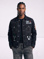 True Religion Men Black Embroidered Patch Detaling Denim Jacket