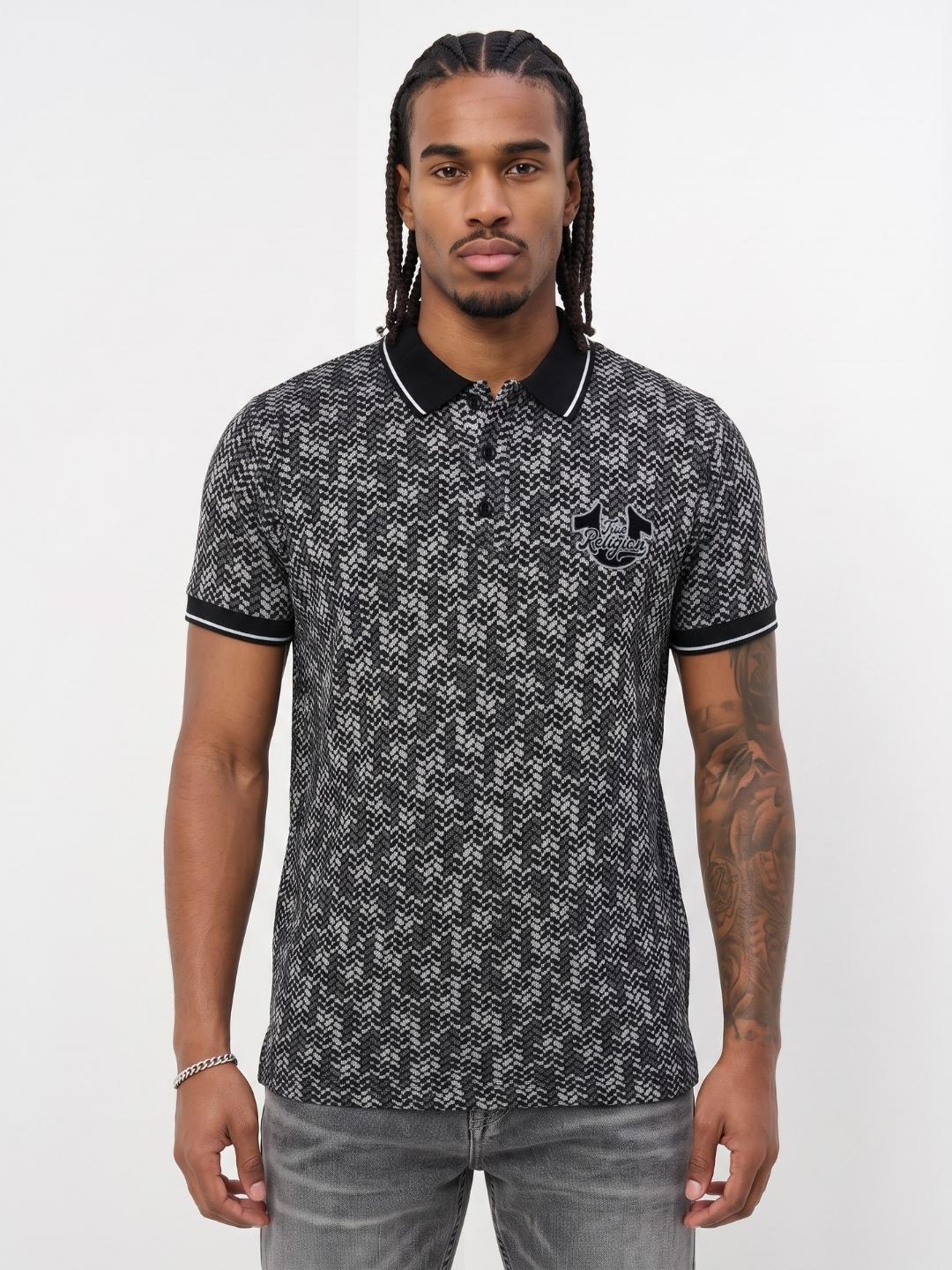 True Religion Men Black Regular Fit Jaquard Polo T-Shirt