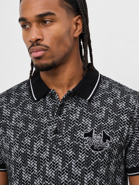 True Religion Men Black Regular Fit Jaquard Polo T-Shirt