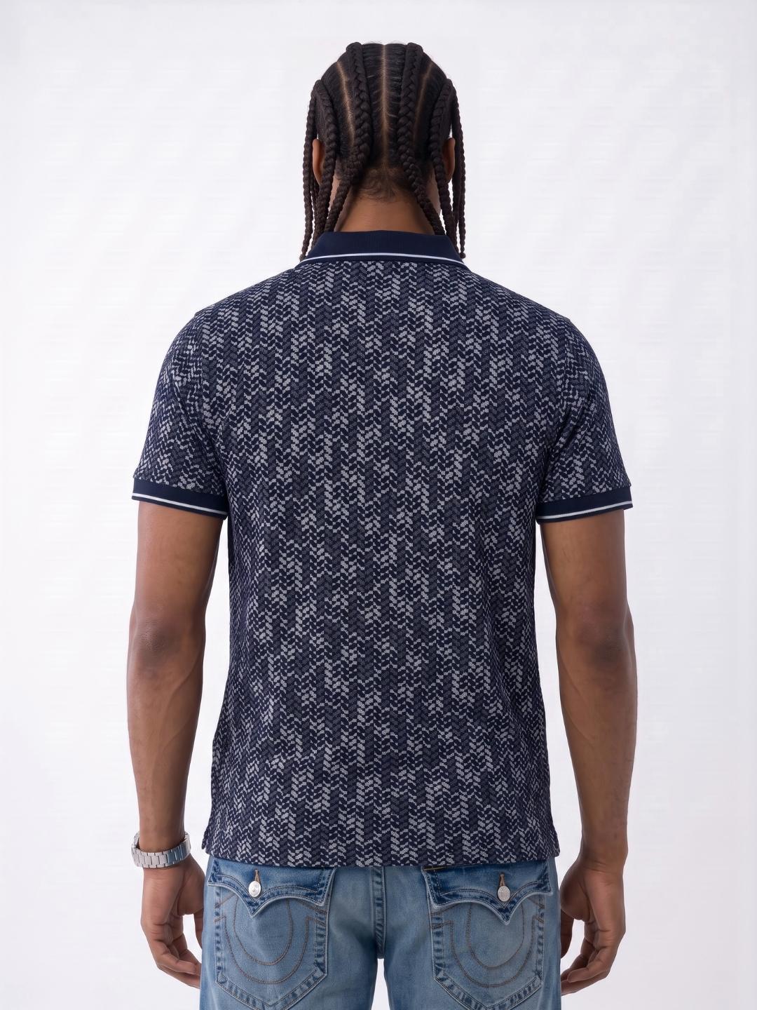 True Religion Men Navy Blue Regular Fit Jaquard Polo T-Shirt
