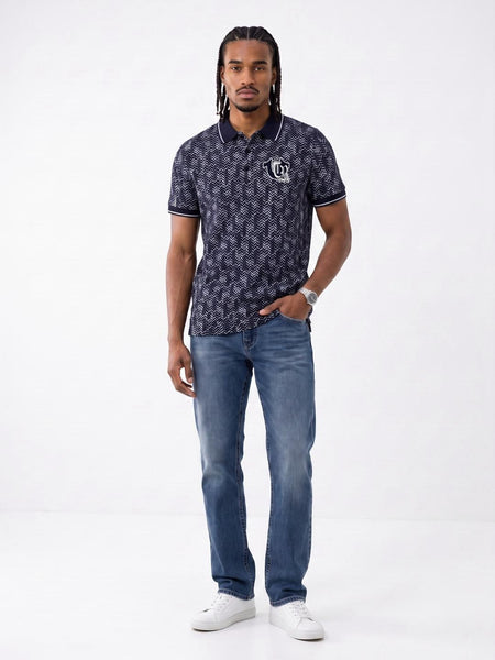True Religion Men Navy Blue Regular Fit Jaquard Polo T-Shirt