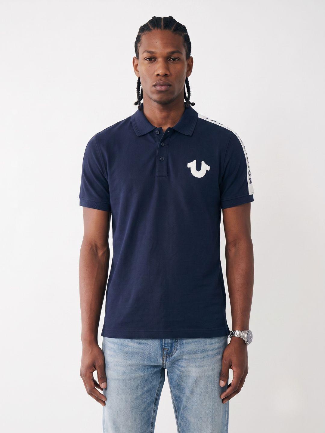 True Religion Navy Regular Fit Solid Pure Cotton Polo Tshirt