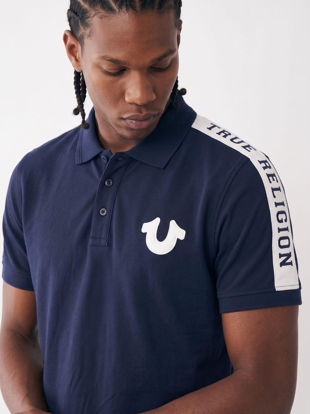 True Religion Navy Regular Fit Solid Pure Cotton Polo Tshirt