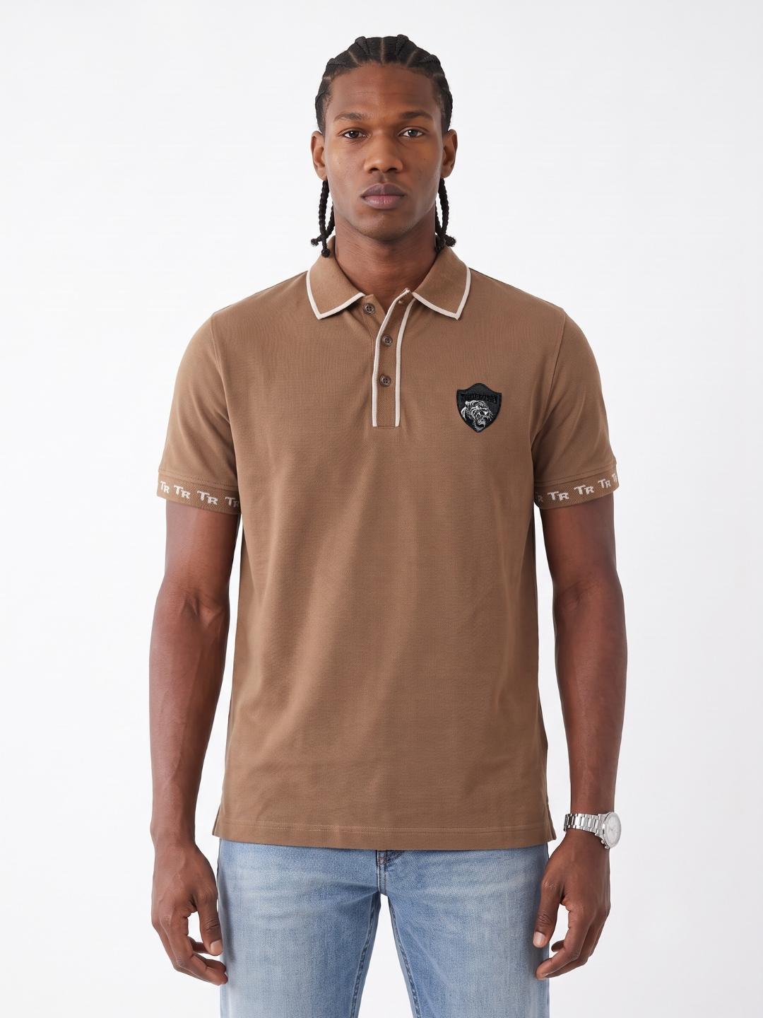 True Religion Men Khaki Solid Regular Fit Polo T-Shirt