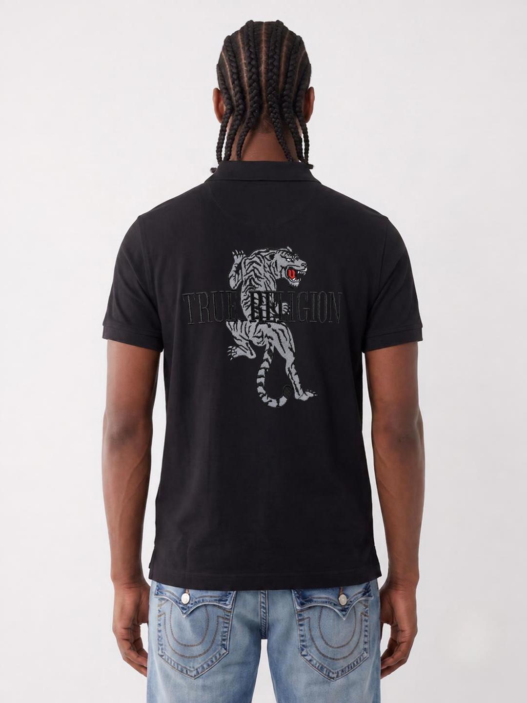 True Religion Men Black Solid Regular Cotton Polo T-Shirt