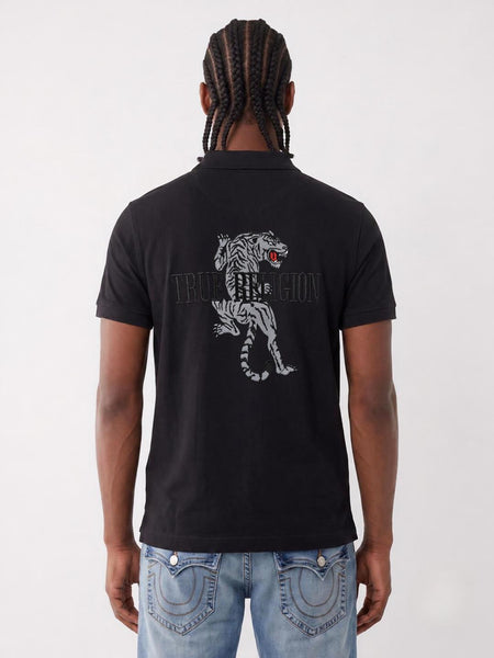 True Religion Men Black Solid Regular Cotton Polo T-Shirt