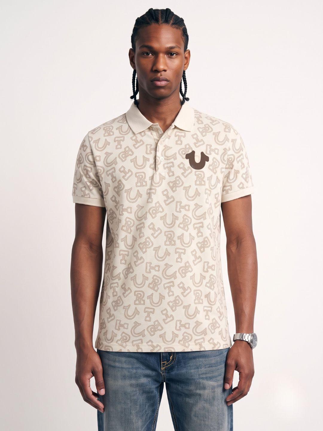 True Religion Off White Regular Fit Printed Pure Cotton Polo Tshirt