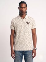 True Religion Off White Regular Fit Printed Pure Cotton Polo Tshirt