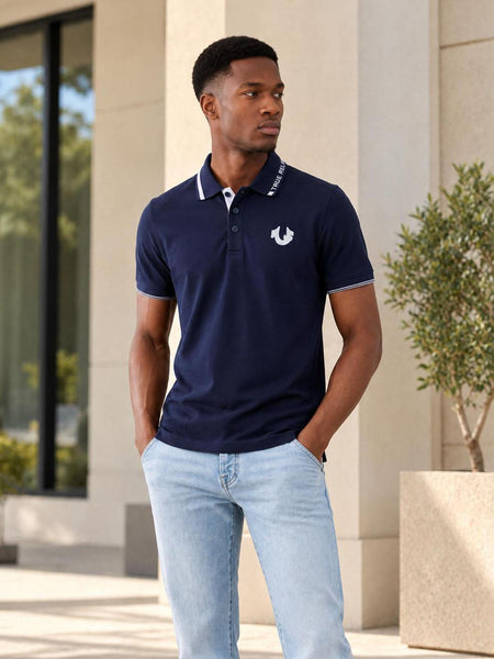 True Religion Men Navy Blue Solid Regular Fit Cotton Polo T-Shirt