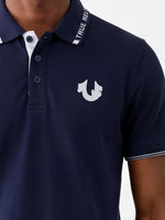 True Religion Men Navy Blue Solid Regular Fit Cotton Polo T-Shirt