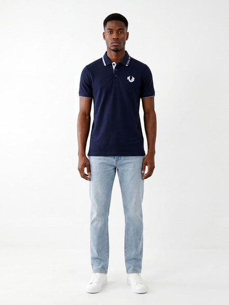 True Religion Men Navy Blue Solid Regular Fit Cotton Polo T-Shirt