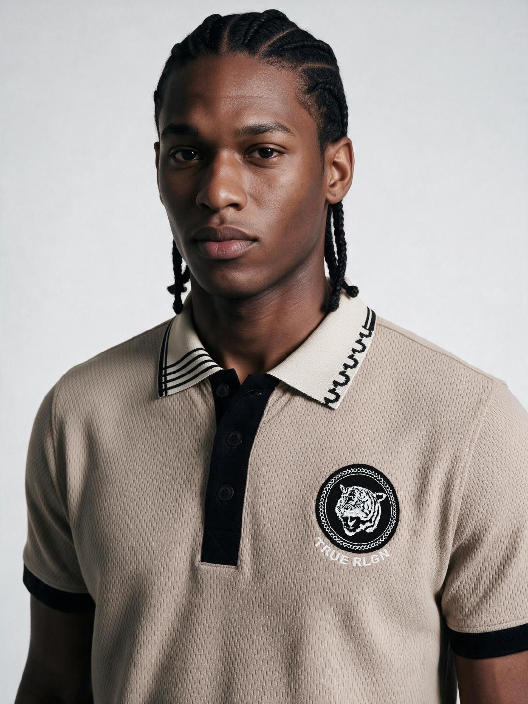 True Religion Men Beige Solid Regular Fit Polo T-Shirt