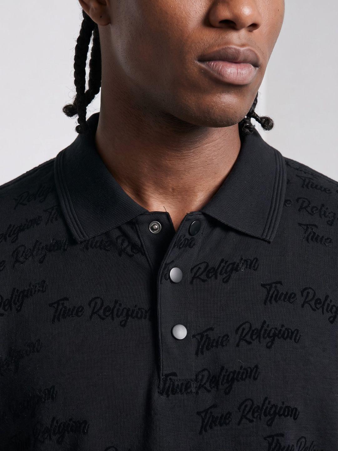 True Religion Men Black Jaquard Regular Fit Cotton Polo T-Shirt