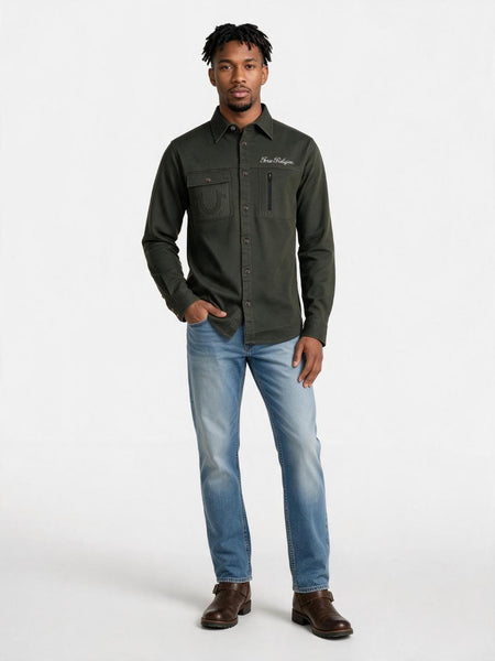 True Religion Men Olive Regular Fit Solid Shirt