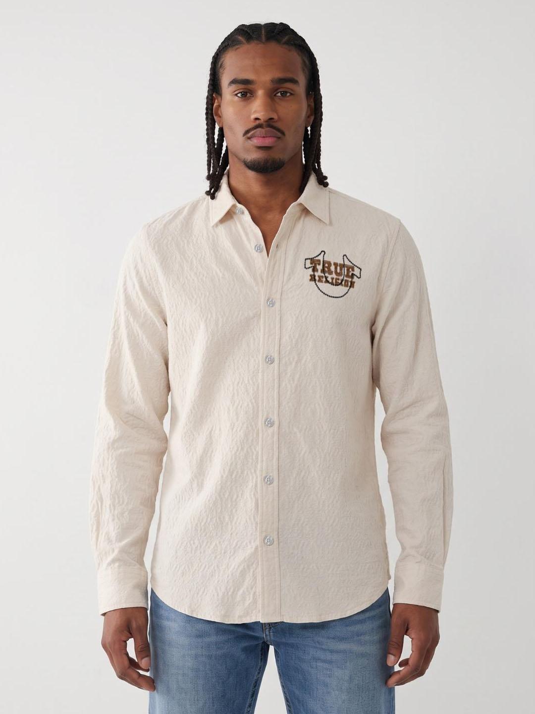 True Religion Men Off White Textured Regular Fit Shirt