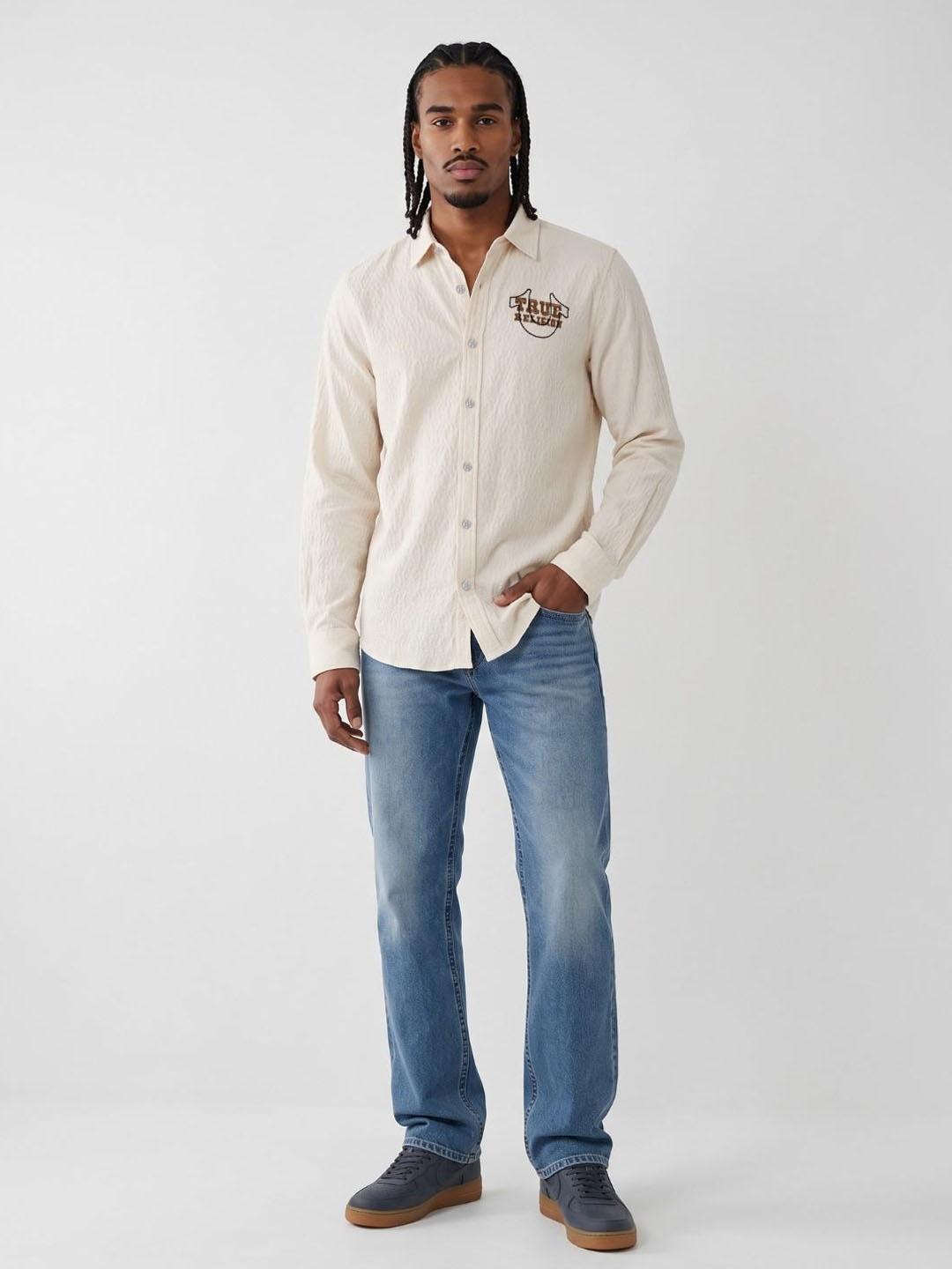 True Religion Men Off White Textured Regular Fit Shirt
