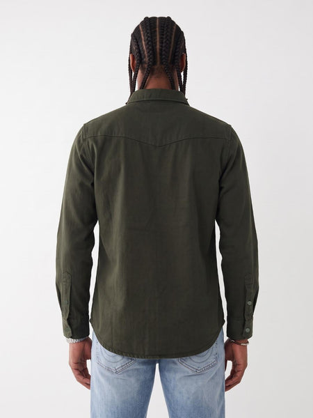 True Religion Men Olive Solid Regular Fit Cotton Shirt