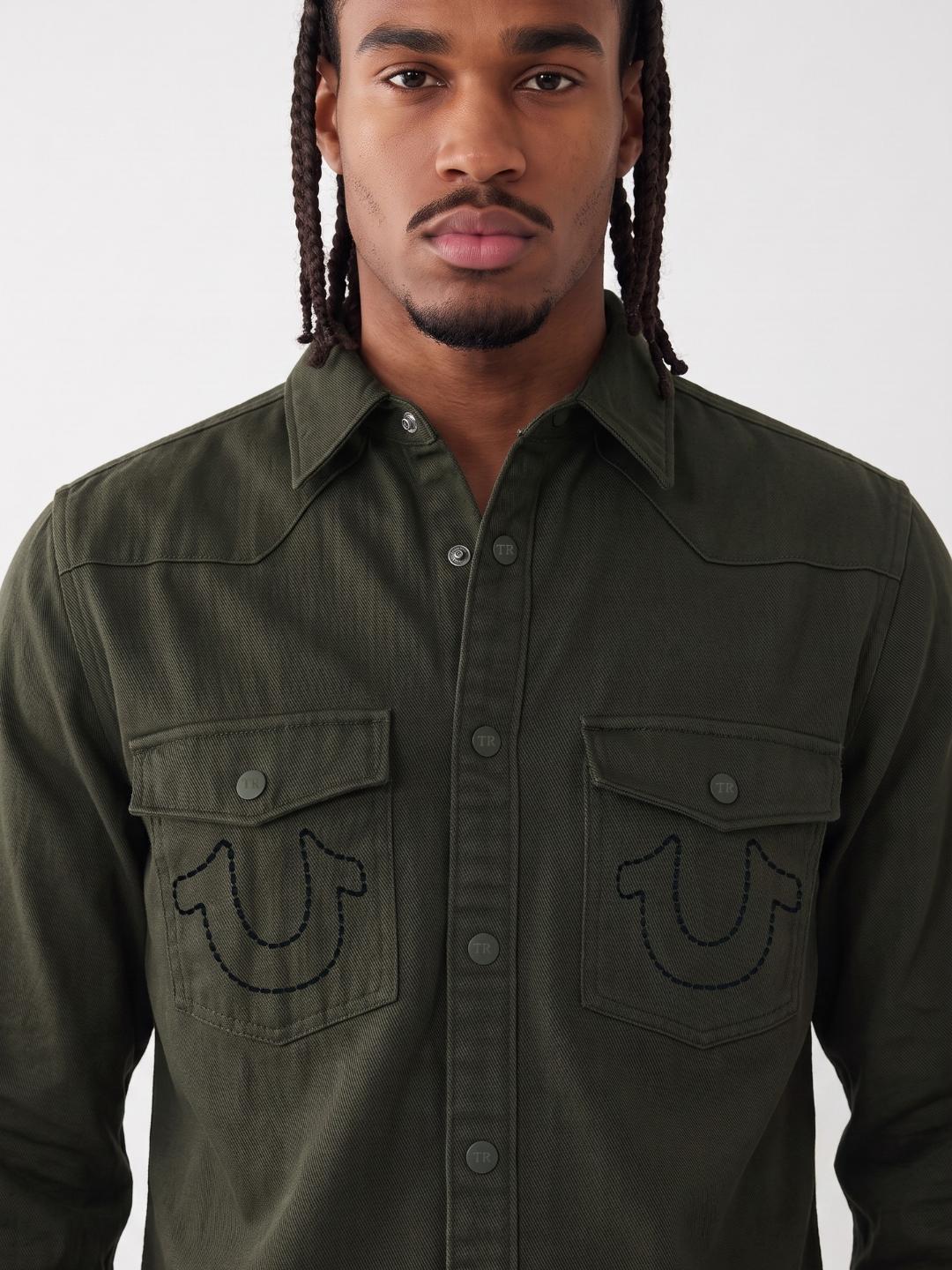 True Religion Men Olive Solid Regular Fit Cotton Shirt