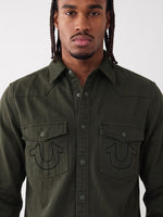 True Religion Men Olive Solid Regular Fit Cotton Shirt